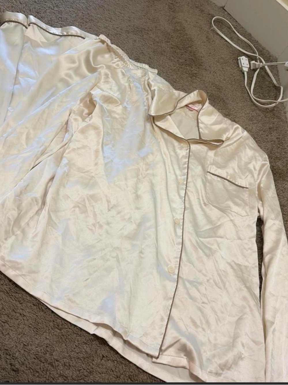 Victoria's Secret Ivory Satin Pajama Top with Taupe Piping